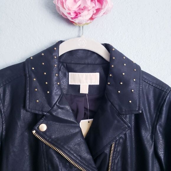 Michael Kors Black Faux Leather Gold Studded Jacket - Picture 2 of 8